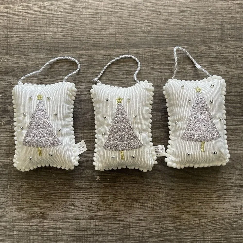 Target Set Of 3 White Embroidered Christmas Tree Pillow Ornament 5in X 3.5in